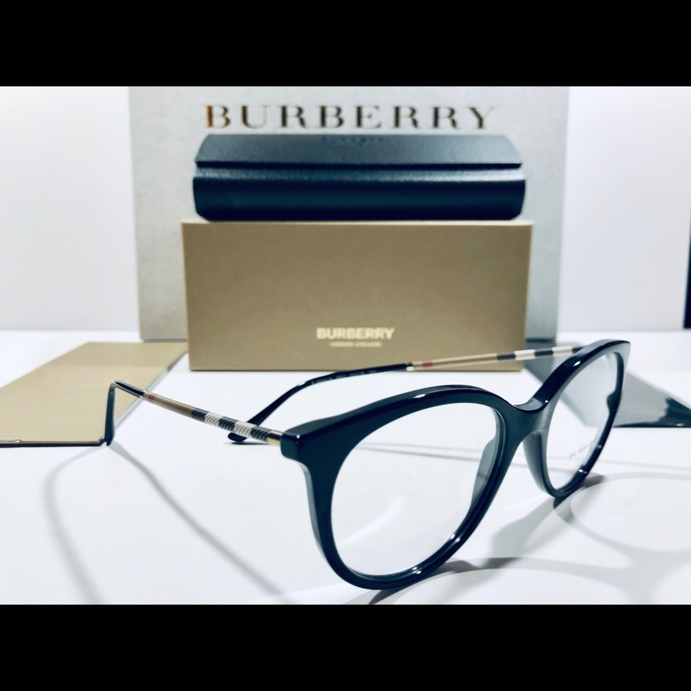 Burberry Eyeglasses Shiny Black w/ Plaid New - Picture 2 of 8